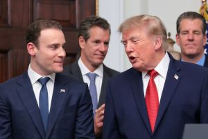 U.S. President Donald Trump speaks with Commodity Futures Trading Commission (CFTC) Chairman Michael Selig in the Roosevelt Room at the White House in Washington D.C., U.S., August 19, 2026.