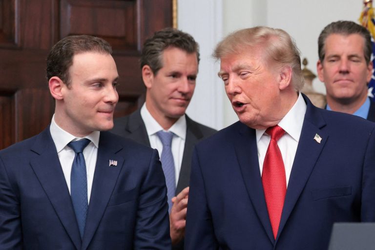 U.S. President Donald Trump speaks with Commodity Futures Trading Commission (CFTC) Chairman Michael Selig in the Roosevelt Room at the White House in Washington D.C., U.S., August 19, 2026.