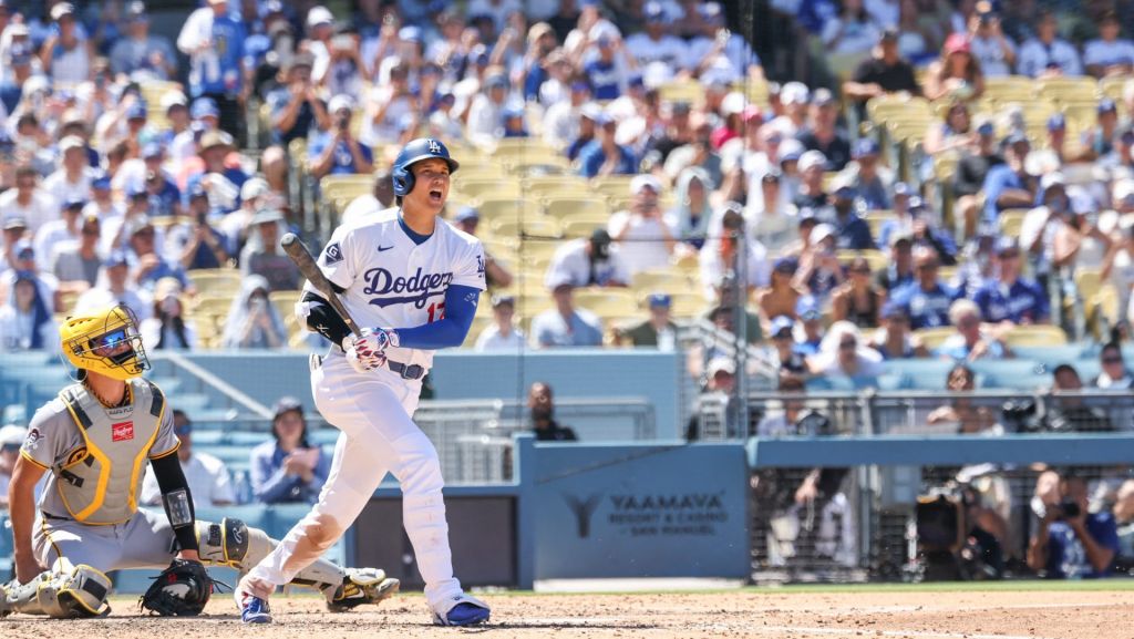 Aug 23, 2026; Los Angeles, California, USA; Los Angeles Dodgers two-way player Shohei Ohtani (17) calls out a foul ball at the bottom of the fourth inning against the Pittsburgh Pirates at Dodger Stadium. Mandatory Credit: William Navarro-Imagn Images