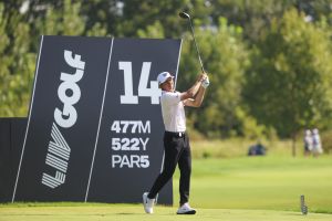 Aug 20, 2026; Westfield, Indiana, USA; Carlos Ortiz tees off on hole 14 during the first round of the LIV Golf Indianapolis golf tournament at The Club at Chatham Hills.