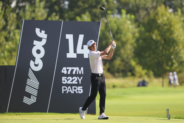 Aug 20, 2026; Westfield, Indiana, USA; Carlos Ortiz tees off on hole 14 during the first round of the LIV Golf Indianapolis golf tournament at The Club at Chatham Hills.