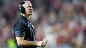 Florida State Seminoles head coach Mike Norvell watches the replay. The Florida State Seminoles defeated the New Mexico State Aggies 34-17 at Doak Campbell Stadium on Saturday, Aug. 29, 2026.