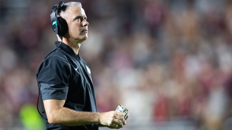 Florida State Seminoles head coach Mike Norvell watches the replay. The Florida State Seminoles defeated the New Mexico State Aggies 34-17 at Doak Campbell Stadium on Saturday, Aug. 29, 2026.