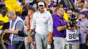 Sep 5, 2026; Baton Rouge, Louisiana, USA; LSU Tigers head coach Lane Kiffin reacts to a touchdown by quarterback Sam Leavitt (not pictured) against Clemson Tigers during the first half at Tiger Stadium. Mandatory Credit: Stephen Lew-Imagn Images