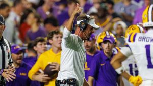 Sep 5, 2026; Baton Rouge, Louisiana, USA; LSU Tigers head coach Lane Kiffin reacts to a play against Clemson Tigers during the first half at Tiger Stadium