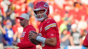 Aug 28, 2026; Kansas City, Missouri, USA; Kansas City Chiefs quarterback Patrick Mahomes (15) warms up against the Seattle Seahawks prior to a game at Arrowhead Stadium.