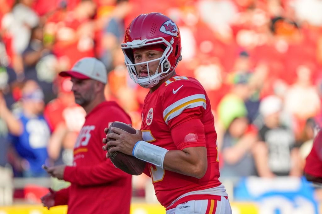 Aug 28, 2026; Kansas City, Missouri, USA; Kansas City Chiefs quarterback Patrick Mahomes (15) warms up against the Seattle Seahawks prior to a game at Arrowhead Stadium.
