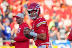 Aug 28, 2026; Kansas City, Missouri, USA; Kansas City Chiefs quarterback Patrick Mahomes (15) warms up against the Seattle Seahawks prior to a game at Arrowhead Stadium.