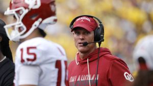 Sep 12, 2026; Ann Arbor, Michigan, USA; Oklahoma Sooners head coach Brent Venables looks on during the second quarter against the Michigan Wolverines at Michigan Stadium. Mandatory Credit: Rick Osentoski-Imagn Images
