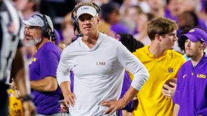 Sep 12, 2026; Baton Rouge, Louisiana, USA; LSU Tigers head coach Lane Kiffin reacts to an intercept by Louisiana Tech Bulldogs during the first half at Tiger Stadium. Mandatory Credit: Stephen Lew-Imagn Images
