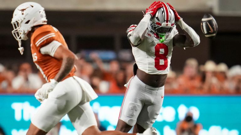 Ohio State Buckeyes safety Jaylen McClain (8) reacts to a missed interception during the NCAA football game against the Texas Longhorns at Darrell K RoyalTexas Memorial Stadium in Austin, Texas on Sept. 12, 2026. Texas won 24-23.