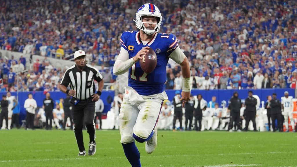 Sep 17, 2026; Orchard Park, New York, USA; Buffalo Bills quarterback Josh Allen (17) runs to score a touchdown against the Detroit Lions during the second half at New Highmark Stadium. Mandatory Credit: Gregory Fisher-Imagn Images