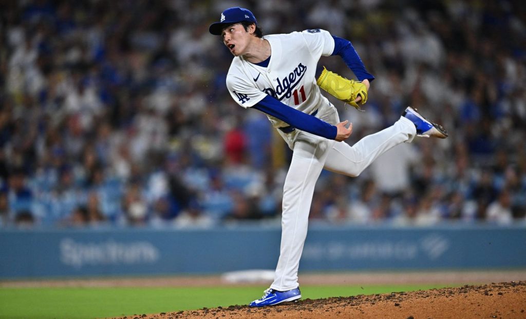 Sep 22, 2026; Los Angeles, California, USA; Los Angeles Dodgers pitcher Roki Sasaki (11) pitches against the San Diego Padres during the fourth inning at UNIQLO Field at Dodger Stadium