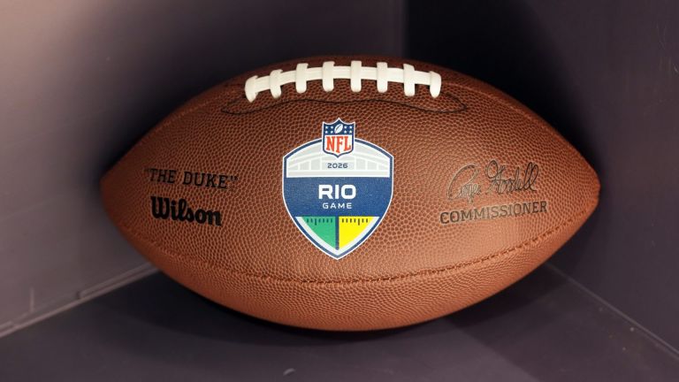 Sep 24, 2026; Rio de Janiero, Brazil; NFL A Wilson NFL official Duke football wtih the 2026 NFL Rio Game logo at the NFL Shop at Shopping Leblon. Mandatory Credit: Kirby Lee-Imagn Images