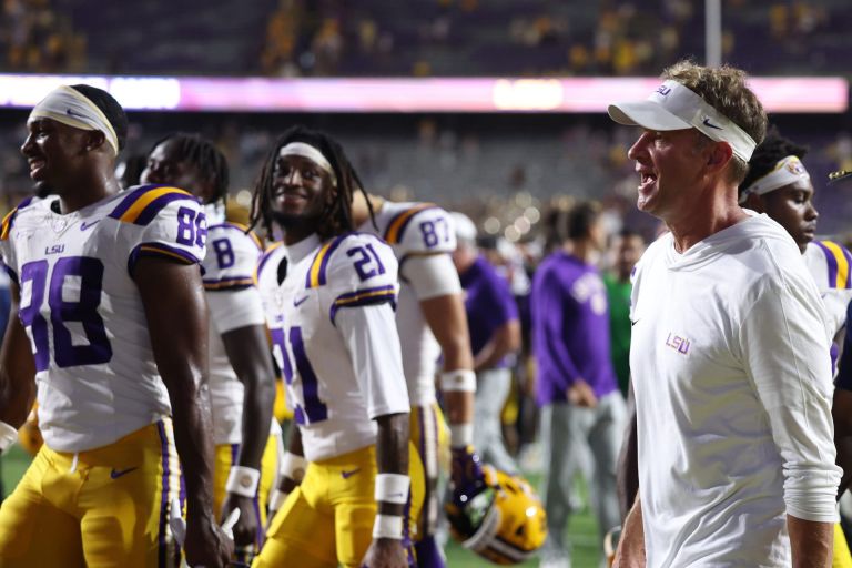 Sep 26, 2026; Baton Rouge, Louisiana, USA; LSU Tigers head coach Lane Kiffin walks off the field after the win over the Texas A&M Aggies at Tiger Stadium.