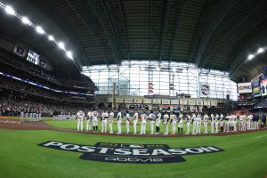 Sep 29, 2026; Houston, Texas, USA; The Houston Astros line up for the beginning of the game against the Chicago White Sox during game one of the Wildcard round for the 2026 MLB Playoffs at Daikin Park.