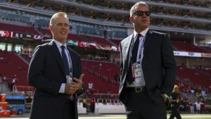 Santa Clara, CA - September 9, 2024 - Levi's Stadium: Joe Buck and Troy Aikman on the sidelines prior to a Monday Night Football.
