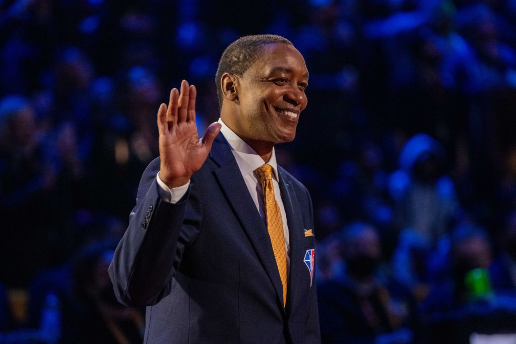 February 20, 2022; Cleveland, Ohio, USA; NBA great Isiah Thomas is honored for being selected to the NBA 75th Anniversary Team during halftime in the 2022 NBA All-Star Game at Rocket Mortgage FieldHouse.