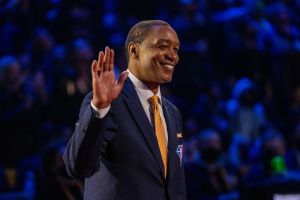 February 20, 2022; Cleveland, Ohio, USA; NBA great Isiah Thomas is honored for being selected to the NBA 75th Anniversary Team during halftime in the 2022 NBA All-Star Game at Rocket Mortgage FieldHouse.