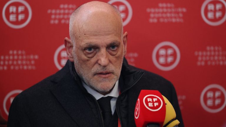 Soccer Football - Spain's Football Federation elects a new president - Ciudad del Futbol, Las Rozas, Spain - December 16, 2024 LaLiga president Javier Tebas speaks to the media REUTERS/Isabel Infantes