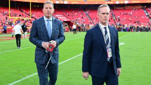 Kansas City, MO - October 7, 2024 - GEHA Field at Arrowhead Stadium: Joe Buck and Troy Aikman on the sidelines during Monday Night Football.