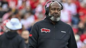Oct 11, 2025; College Park, Maryland, USA; Maryland Terrapins head coach Mike Locksley walks the sidelines during the first half against the Nebraska Cornhuskers at SECU Stadium. Mandatory Credit: Tommy Gilligan-Imagn Images
