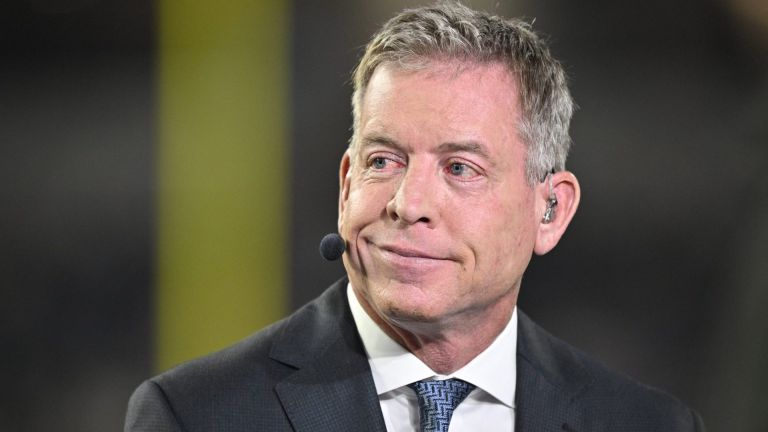 Nov 3, 2025; Arlington, Texas, USA; Television commentator Troy Aikman speaks before the game between the Dallas Cowboys and the Arizona Cardinals at AT&T Stadium. Mandatory Credit: Jerome Miron-Imagn Images