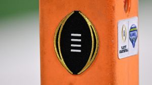 Dec 31, 2025; Arlington, TX, USA; A detailed view of the College Football Playoff logo on the pylon during the game between the Miami Hurricanes and Ohio State Buckeyes during the 2025 Cotton Bowl and quarterfinal game of the College Football Playoff at AT&T Stadium. Mandatory Credit: Jerome Miron-Imagn Images