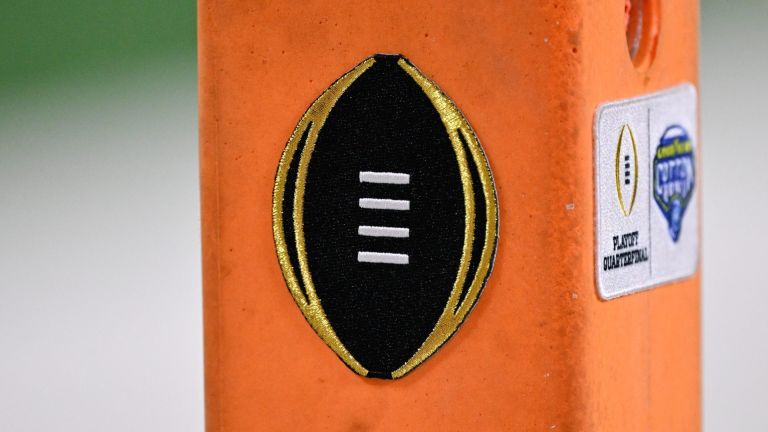 Dec 31, 2025; Arlington, TX, USA; A detailed view of the College Football Playoff logo on the pylon during the game between the Miami Hurricanes and Ohio State Buckeyes during the 2025 Cotton Bowl and quarterfinal game of the College Football Playoff at AT&T Stadium. Mandatory Credit: Jerome Miron-Imagn Images