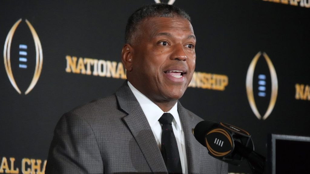 Jan 20, 2026; Miami, FL, USA; College Football Playoff executive director Rich Clark during the CFP host committee handoff press conference at Marriott Marquis Miami. Mandatory Credit: Kirby Lee-Imagn Images