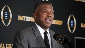Jan 20, 2026; Miami, FL, USA; College Football Playoff executive director Rich Clark during the CFP host committee handoff press conference at Marriott Marquis Miami. Mandatory Credit: Kirby Lee-Imagn Images