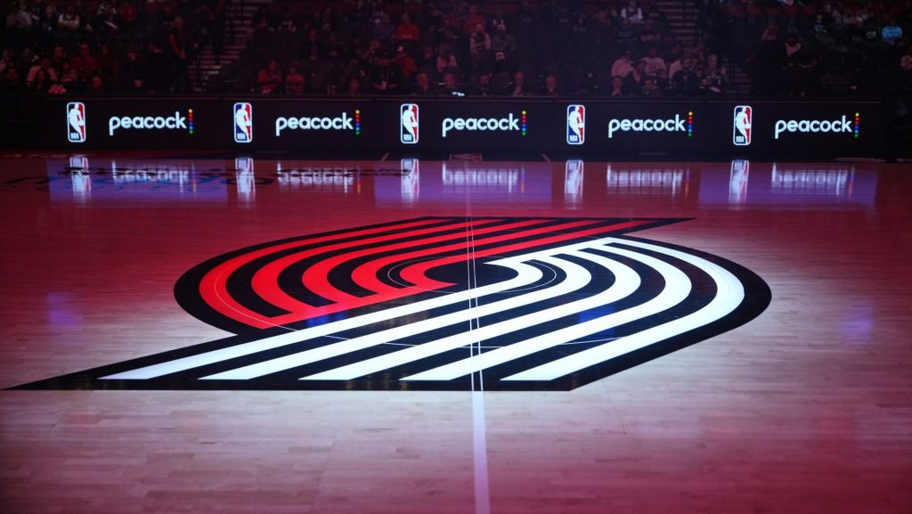 Feb 24, 2026; Portland, Oregon, USA; A general view of the Portland Trail Blazers logo at half court before the game against the Minnesota Timberwolves at Moda Center. Mandatory Credit: Soobum Im-Imagn Images