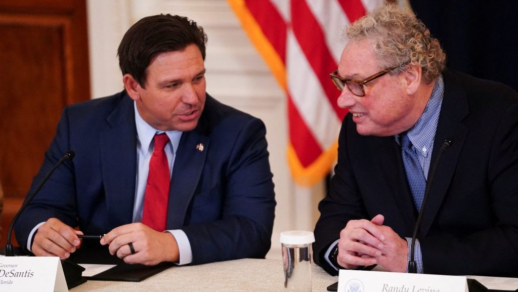 Florida Governor Ron DeSantis speaks with New York Yankees president Randy Levine as they attend a roundtable event on collegiate sports at the White House in Washington, D.C., March 6, 2026.