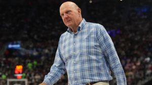 Mar 16, 2026; Inglewood, California, USA; LA Clippers owner Steve Ballmer reacts against the San Antonio Spurs in the first half at Intuit Dome. Mandatory Credit: Kirby Lee-Imagn Images