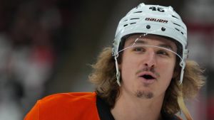 Philadelphia Flyers center Trevor Zegras (46) looks on during the warmups before the game against the Carolina Hurricanes at Lenovo Center
