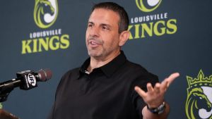 UFL co-owner Mike Repole speaks to the crowd as the UFL franchise Louisville Kings are introduced at Lynn Family Stadium. Wednesday, October 8, 2025