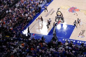 Jun 10, 2026; New York, New York, USA; New York Knicks guard Jalen Brunson (11) drives to the basket against San Antonio Spurs guard Stephon Castle (5) and forward Victor Wembanyama (1) during the first quarter of game four of the 2026 NBA Finals at Madison Square Garden.