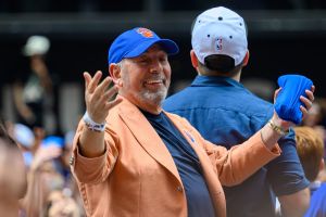 Jun 18, 2026; New York, NY, USA; CEO of MSG Network James Dolan smiles during the New York Knicks Championship Parade through the Canyon of Heroes.