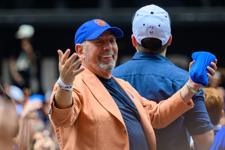 Jun 18, 2026; New York, NY, USA; CEO of MSG Network James Dolan smiles during the New York Knicks Championship Parade through the Canyon of Heroes.