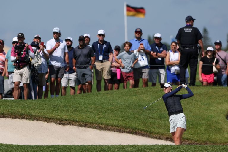 Jun 27, 2026; Chaska, Minnesota, USA; Nelly Korda hits from a fairway bunker on the first hole during the third round of the KPMG Women's PGA Championship golf tournament.