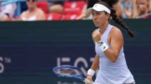Aug 2, 2026; Washington, D.C., USA; Jessica Pegula (USA) reacts after winning the first set against Alexandra Eala (PHI) (not pictured) during the women's singles final of the 2026 Mubadala DC Open at Rock Creek Park Tennis Center.