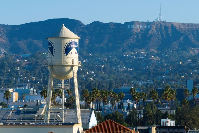 A drone view shows the Paramount water tower at Paramount studios in Hollywood and the Hollywood sign, in Los Angeles, California, U.S., August 24, 2026.