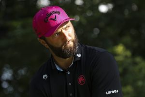 Aug 23, 2026; Westfield, Indiana, USA; Jon Rahm tees off on hole 18 during the final round of the LIV Golf Indianapolis golf tournament at The Club at Chatham Hills.