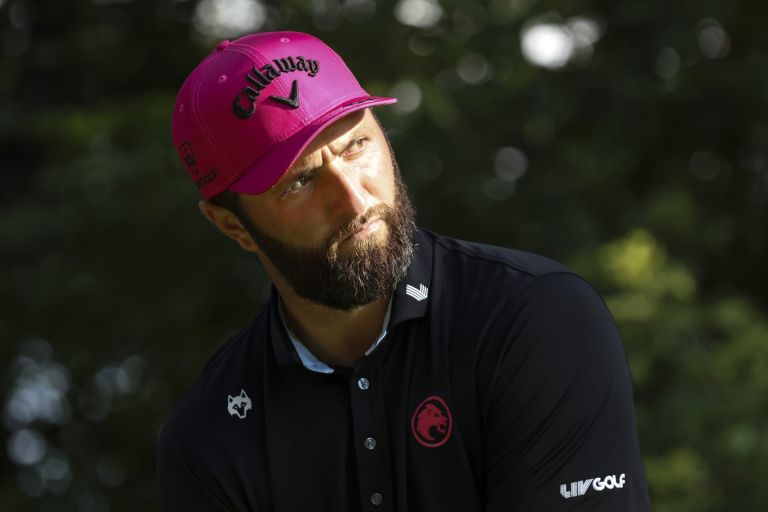 Aug 23, 2026; Westfield, Indiana, USA; Jon Rahm tees off on hole 18 during the final round of the LIV Golf Indianapolis golf tournament at The Club at Chatham Hills.