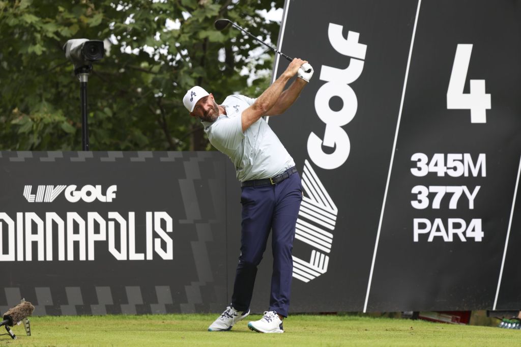 Aug 20, 2026; Westfield, Indiana, USA; Dustin Johnson tees off on hole four during the first round of the LIV Golf Indianapolis golf tournament at The Club at Chatham Hills.