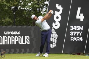 Aug 20, 2026; Westfield, Indiana, USA; Dustin Johnson tees off on hole four during the first round of the LIV Golf Indianapolis golf tournament at The Club at Chatham Hills.