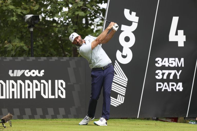 Aug 20, 2026; Westfield, Indiana, USA; Dustin Johnson tees off on hole four during the first round of the LIV Golf Indianapolis golf tournament at The Club at Chatham Hills.