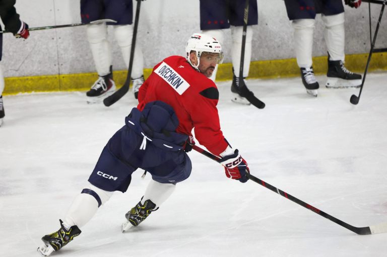 Washington Capitals NHL star Alex Ovechkin takes part in the team’s first practice of the season days after he appeared in a propaganda ad for the United Russia party, which supports the regime of Russia's President Vladimir Putin, in Arlington, Virginia, US, September 17, 2026.