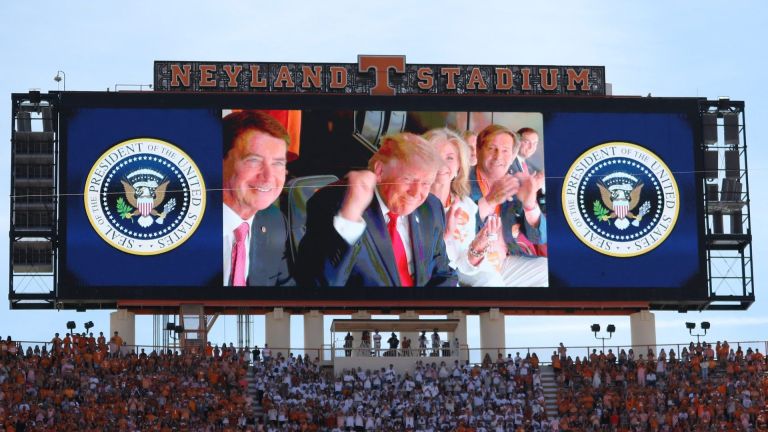 Sep 26, 2026; Knoxville, Tennessee, USA; United States President Donald Trump is shown on the video board in attendance at Neyland Stadium before the game between Texas Longhorns and Tennessee Volunteers. Mandatory Credit: Randy Sartin-Imagn Images