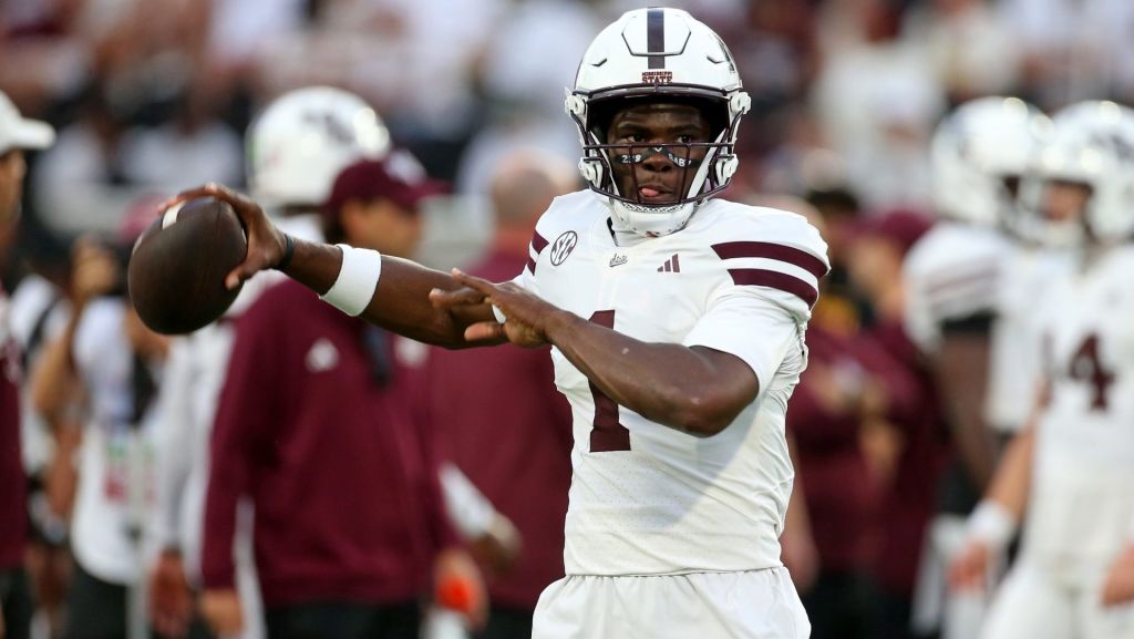 Sep 26, 2026; Starkville, Mississippi, USA; Mississippi State Bulldogs quarterback Kamario Taylor (1) passes the ball during warm ups prior to the game against the Missouri Tigers at Davis Wade Stadium at Scott Field. Mandatory Credit: Petre Thomas-Imagn Images